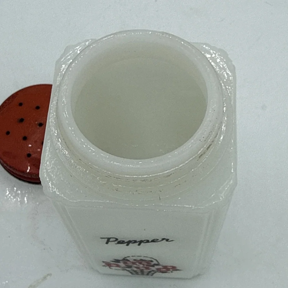 Vintage McKee Tipp City Milk Glass Salt Shaker Flower Pot Red Metal Lid 4